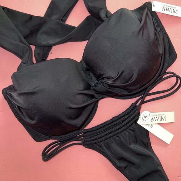 NWT Victoria's Secret 34DDD,36DDD BIKINI S,M thong bottom BLACK TWIST - Picture 5 of 6